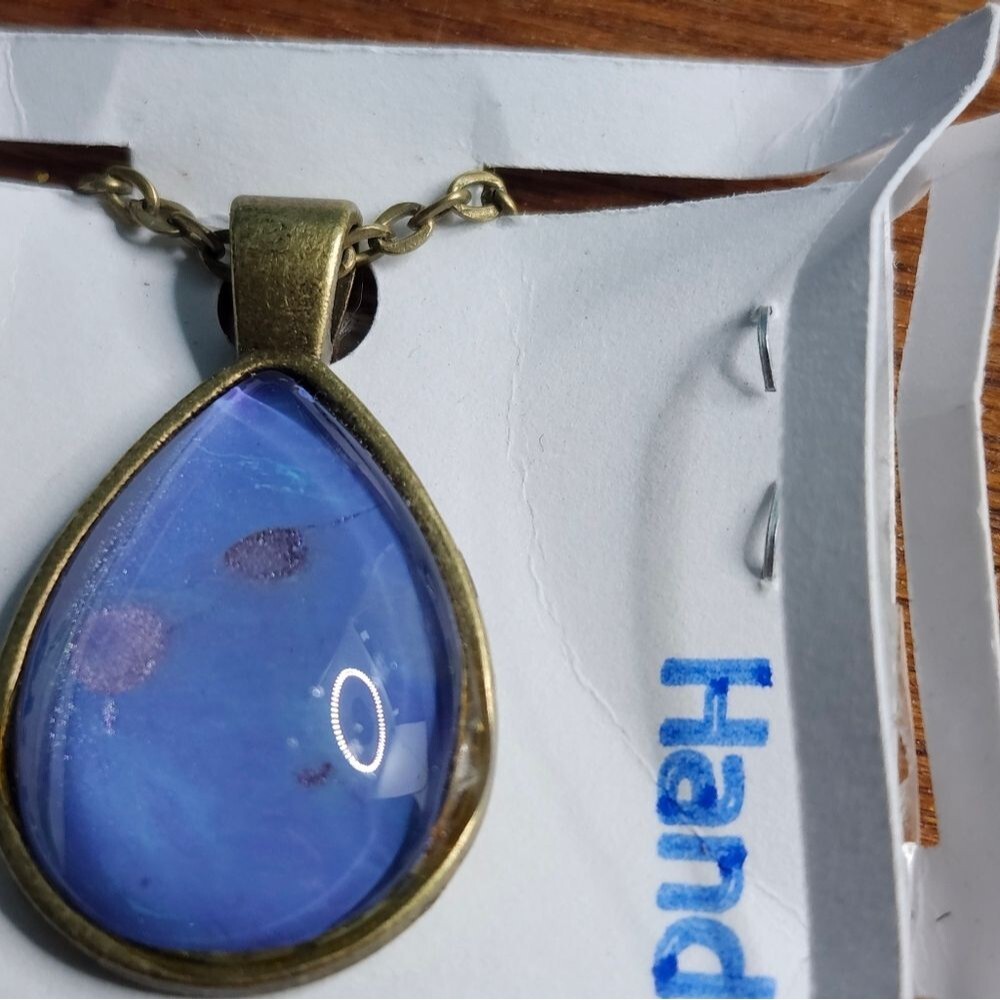 Hand Crafted Necklace Medallion Pendant 1" Raindrop Bronze Plate 20 " Chain